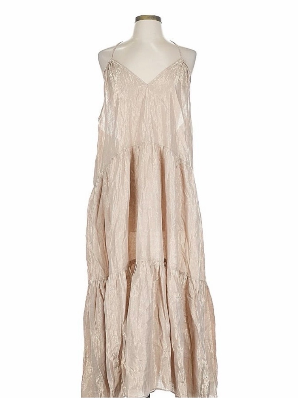J Crew light Beige with metallic gold Spaghetti Strap Maxi Dress